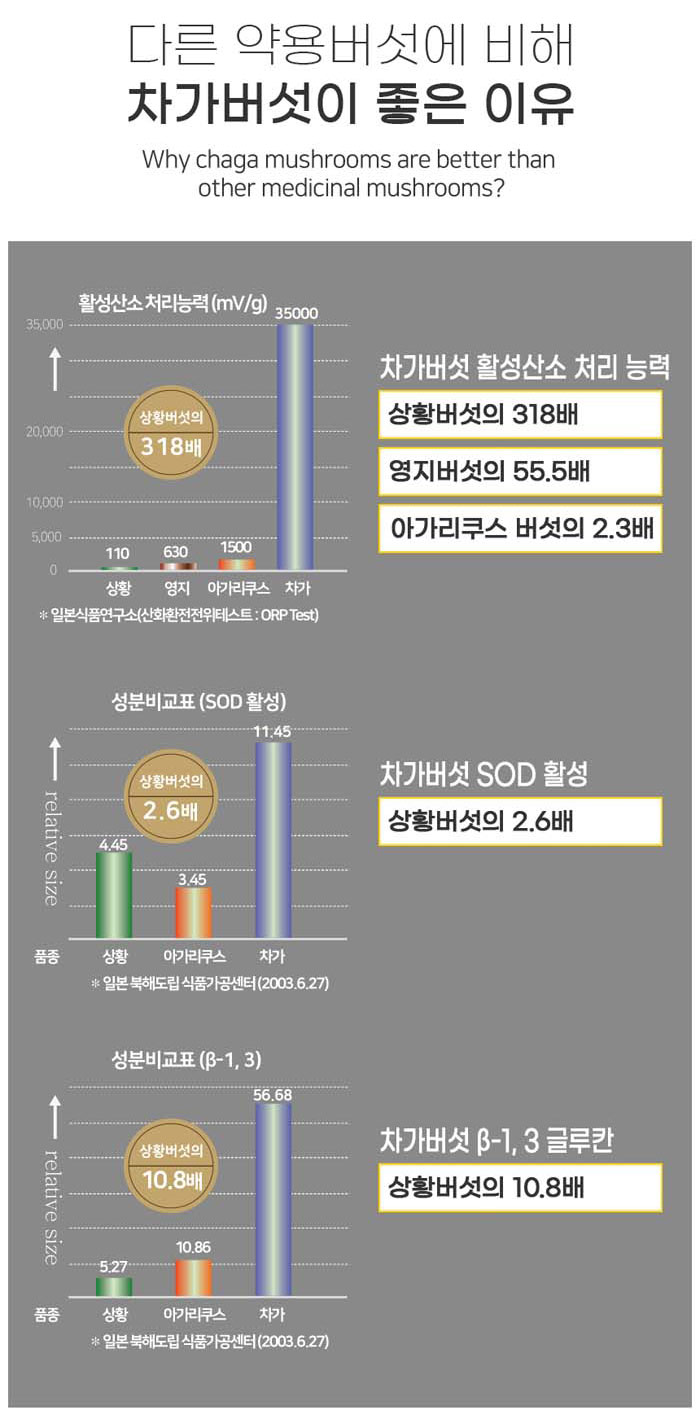 차가버섯과 다른 약용버섯의 활성산소 처리능력·SOD 활성·베타글루칸 비교